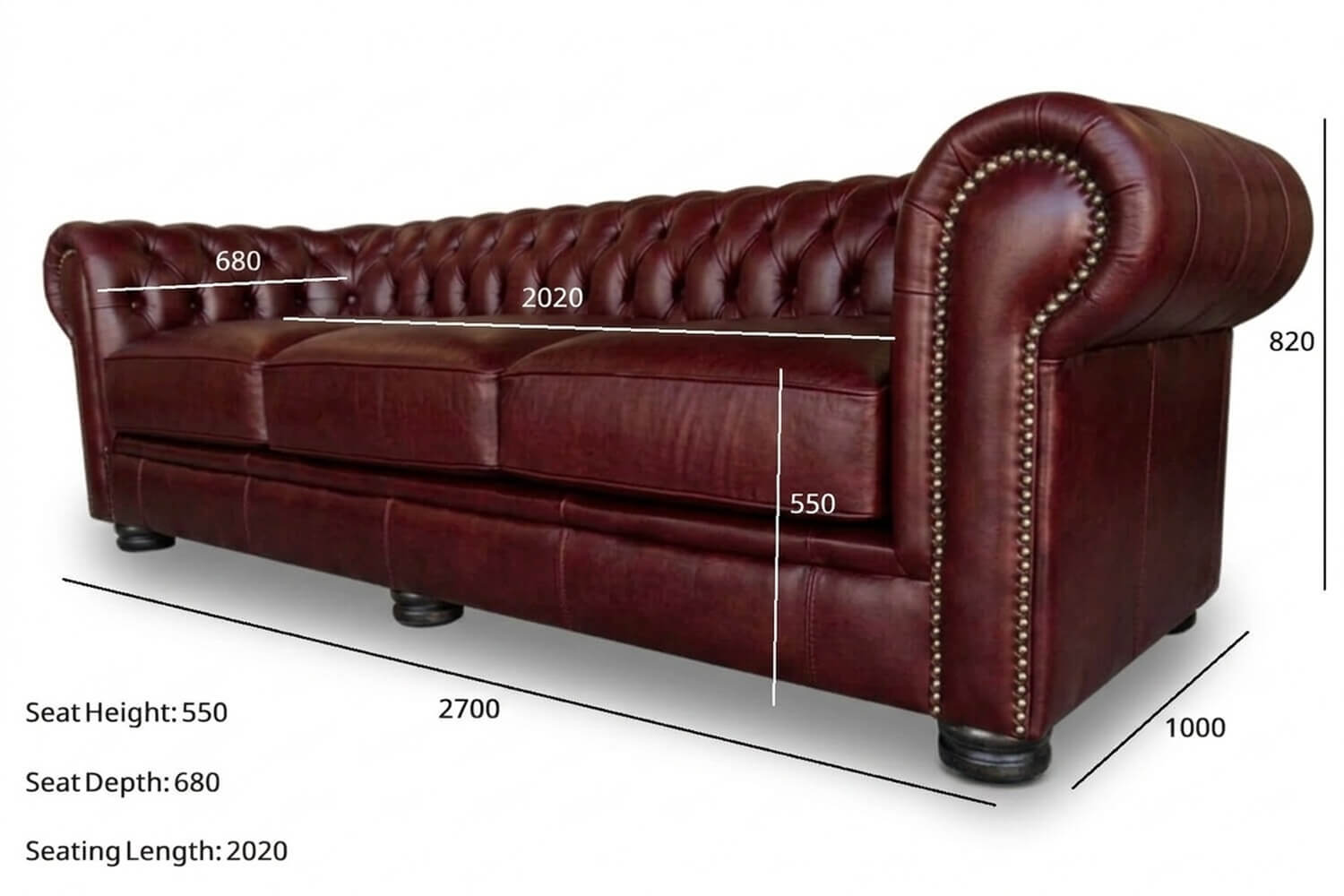 Chesterfield Genuine Leather Sofa 3-Seater (Vintage Wine, XL Deep Seat) — view 2